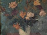 une peinture de fleurs dans un vase sur une table