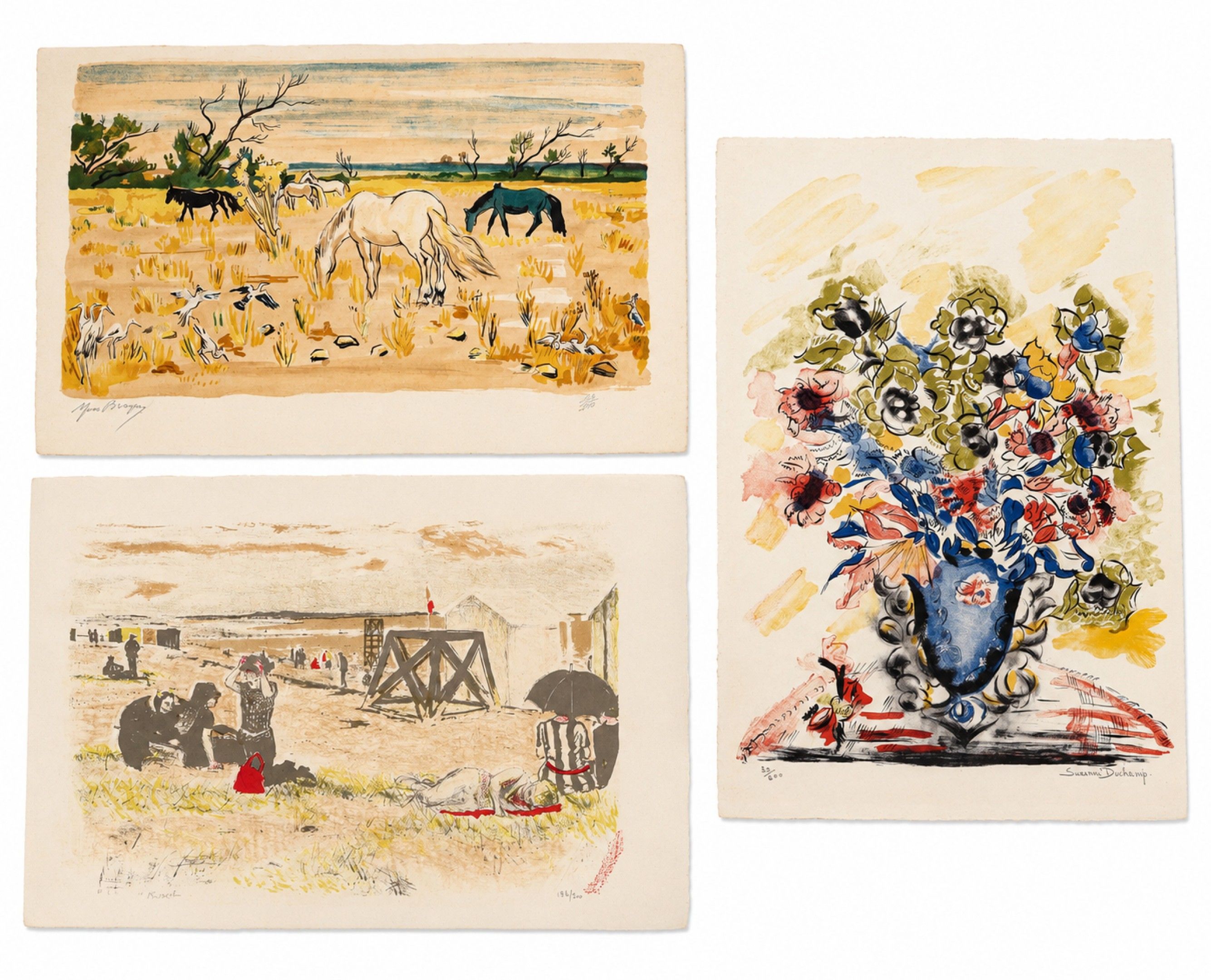 Réunion de trois lithographies en couleurs sur papier, comprenant : - Suzanne DUCHAMP (1889-1963), Nature morte au va...