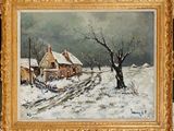 an oil painting of a house in the snow with a tree