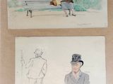 two drawings of a man and a woman sitting on a bench