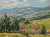 un tableau représentant un champ avec des arbres et des montagnes en arrière-plan