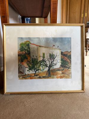 framed watercolor painting of a house with a tree in front of it