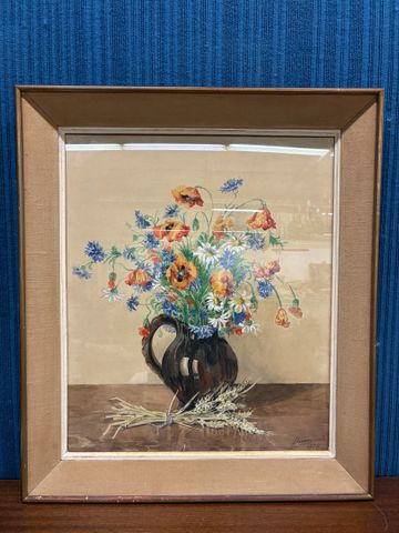Adrien LEVANNIER XXème « Bouquet dans un vase ». Aquarelle. Signé