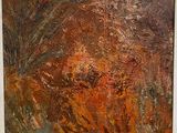tableau représentant un paysage aux tons orange et marron, avec des arbres en arrière-plan