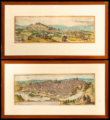 two framed maps of a city and a town in a wooden frame