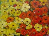 a painting of flowers in a vase on a table