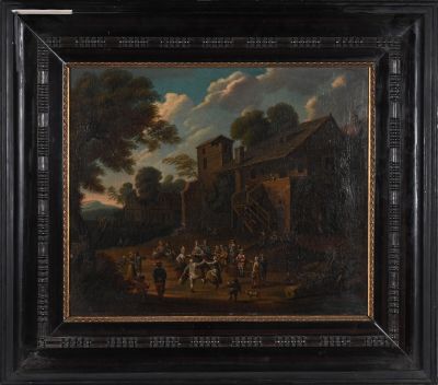 un tableau représentant un groupe de personnes devant une maison, dans un cadre boisé
