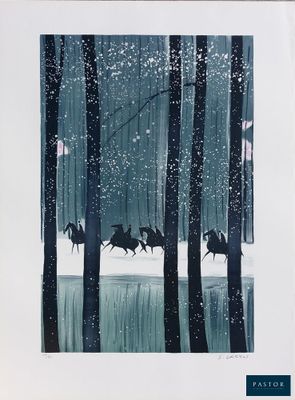 tableau représentant un groupe de personnes à cheval traversant une forêt enneigée