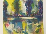 an image of a painting of a group of people standing in front of a body of water