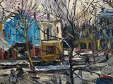 an oil painting of a city street with a train on the tracks