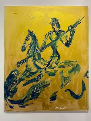 painting of a man riding a horse with a gun on a yellow background