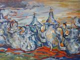 un tableau représentant un ensemble de théières posées sur une table