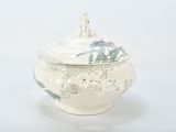 a white and blue bowl with a lid on a table