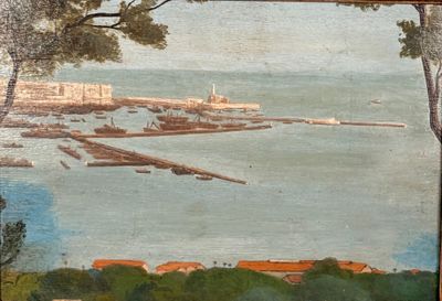 une photo d'un tableau représentant une vue d'un port
