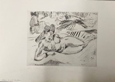 dessin au crayon représentant une femme nue allongée sur un lit, avec un homme en arrière-plan