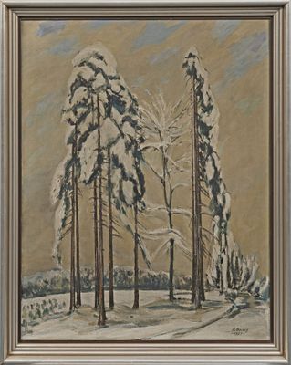une peinture d'un paysage enneigé avec des arbres au premier plan