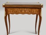 an image of a small wooden table with a marble top