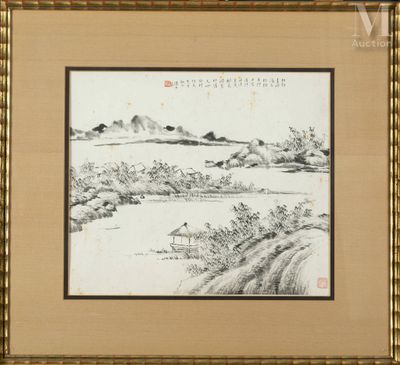 peinture à l'encre de Chine représentant un paysage avec une rivière et des montagnes