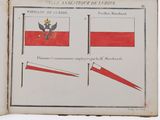 an old book with a drawing of a flag and a picture of a coat of arms