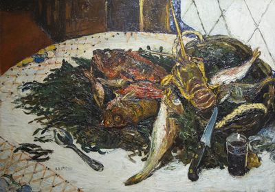 une peinture représentant une assiette de nourriture posée sur une table
