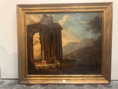 un tableau représentant un paysage avec des ruines et des personnages au premier plan