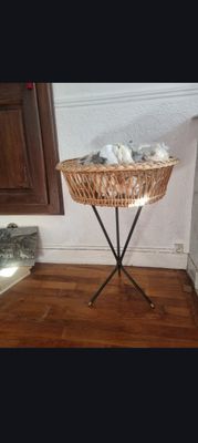 un panier en osier posé sur un support dans un coin de la pièce