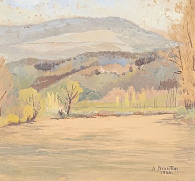 painting of a landscape with trees and mountains in the distance