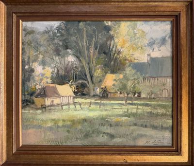 an image of a painting of a farm scene with a horse drawn carriage