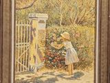 an oil painting of a girl picking flowers in a garden