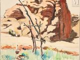 peinture représentant un arbre solitaire devant un affleurement rocheux