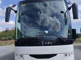 a white bus that is parked on the side of the road
