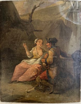 un vieux tableau représentant un homme et une femme assis dans une tente