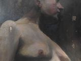 une peinture à l'huile représentant un homme torse nu debout devant un miroir