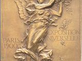 plaque depicting the angel of paris with the words paris exposition, 1900 - 1900