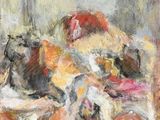 une peinture à l'huile représentant une femme assise sur une chaise avec un chien
