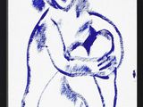 blue ink drawing of a woman holding a soccer ball on a white background