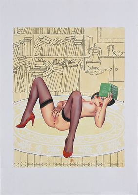 un tableau représentant une femme allongée par terre en train de lire un livre