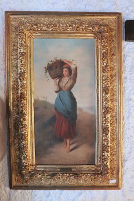 a painting of a woman carrying a basket on her head