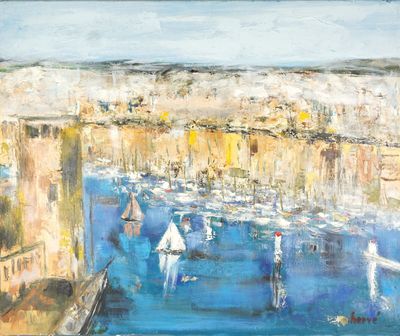 une peinture à l'huile représentant des bateaux dans un port avec des bâtiments à l'arrière-plan