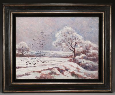 une peinture à l'huile représentant un paysage enneigé avec une volée d'oiseaux