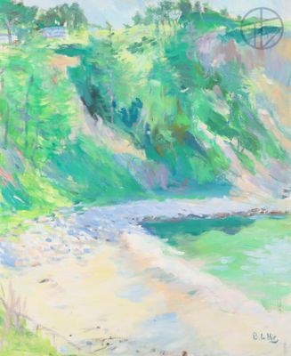 une peinture à l'huile représentant une rivière avec un pont en arrière-plan