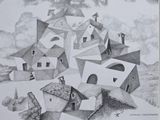 a black and white drawing of letters and buildings