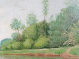 a painting of a river with trees in the background