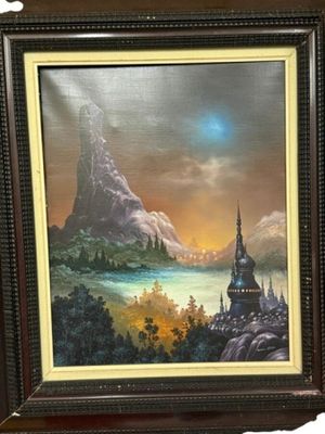 tableau représentant un château dans un paysage de montagne, avec un lac au premier plan
