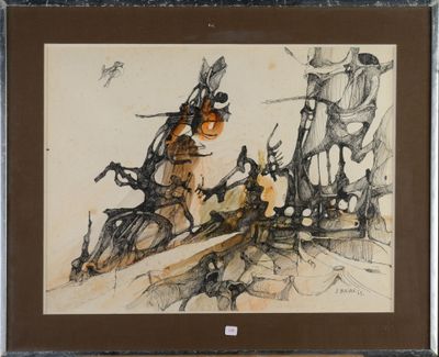 dessin représentant un homme à cheval dans un champ, en compagnie d'autres personnes