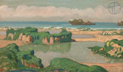 an image of a painting of a beach with a boat in the water