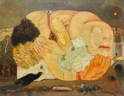 un tableau représentant une femme et un oiseau posés sur une table