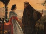 an old painting of a man and a woman standing in a covered area