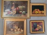 tableau représentant une nature morte composée de pommes, de poires, de poires et d'un pichet accroché au mur