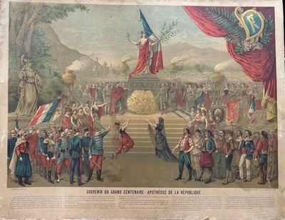 an old print of a large crowd of people standing in front of a stage
